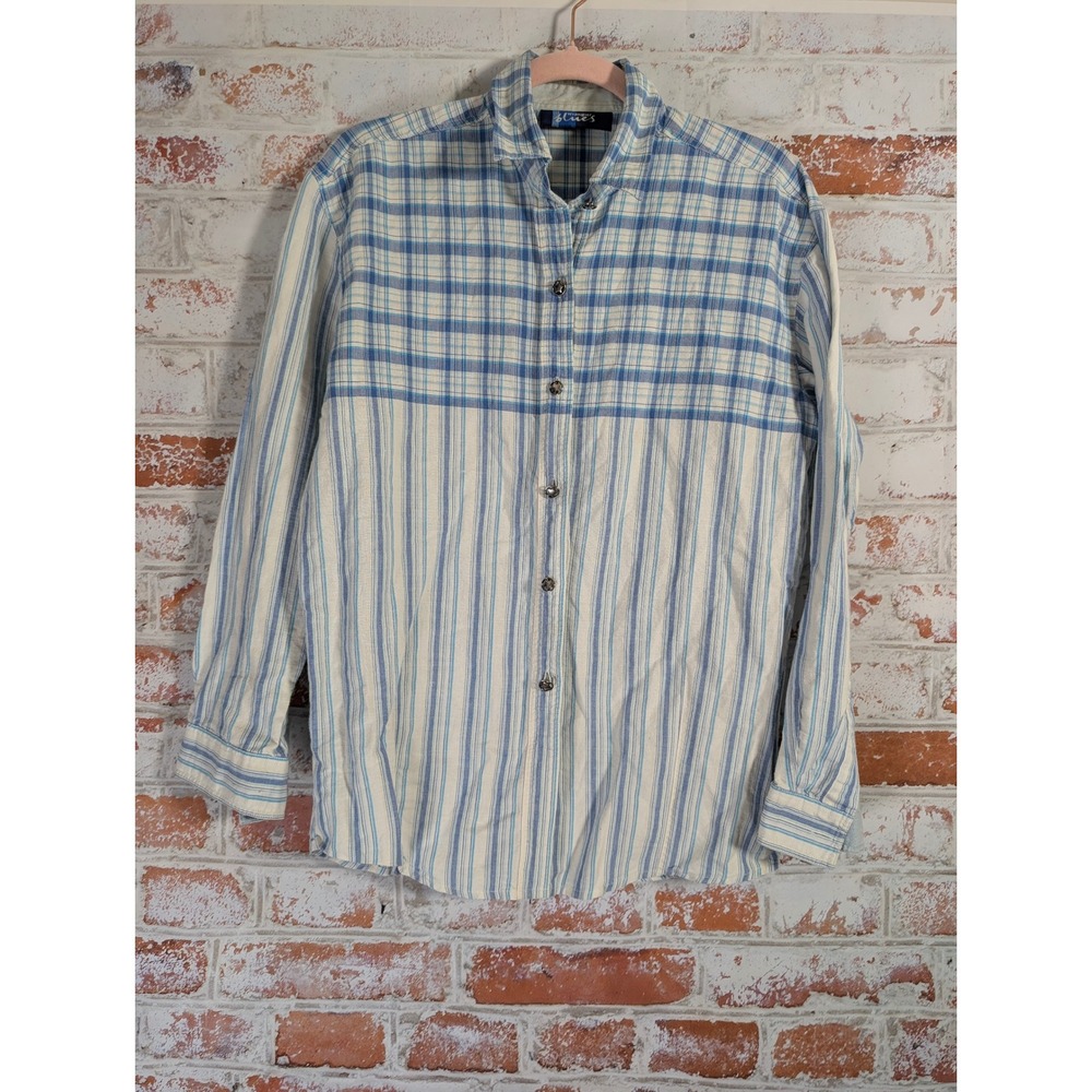 Wrangler Blues Button Down Shirt Womens L Blue Plaid Striped Western Long Sleeve